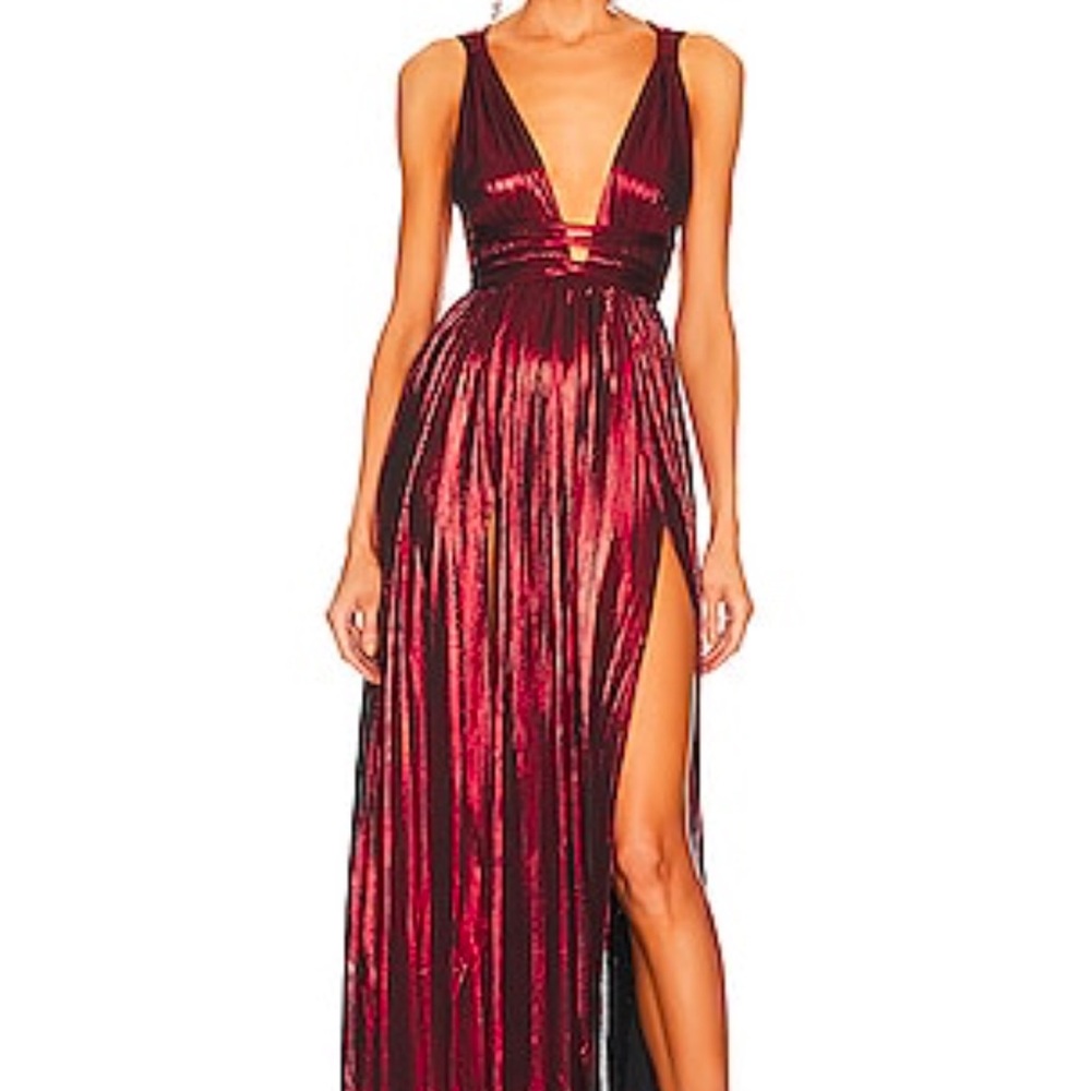 Bronx and Banco Metallic Burgundy Red Plunge Maxi Dress - Picture 2 of 5